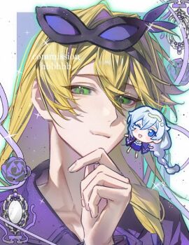 Rule 34 | 1boy, 1girl, blonde hair, blue eyes, bracelet, braid, breasts, chibi, chinese commentary, close-up, closed mouth, collarbone, collared shirt, couple, eye mask, green eyes, grey hair, hair between eyes, hair over shoulder, hair ribbon, hand on own chin, hand up, happy, head tilt, honkai (series), honkai impact 3rd, huabu308, jewelry, kallen kaslana, light smile, long braid, long hair, long sleeves, looking at viewer, looking to the side, low-tied long hair, mask, mask on head, one eye closed, open mouth, otto apocalypse, ribbon, shade, shirt, single braid, smile, upper body, wide sleeves