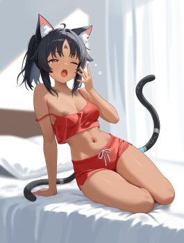 1girl absurdres ahoge alternate_breast_size_(larger) animal_ear_fluff animal_ears arm_support bare_arms bare_legs bare_shoulders bed black_hair blurry breasts camisole cat_ears cat_girl cat_tail collarbone commentary covered_erect_nipples crop_top crop_top_overhang curtains dark-skinned_female dark_skin depth_of_field dolphin_shorts dot_nose drawstring facial_mark fangs forehead_mark half-closed_eyes hand_support hand_up highres indoors ir_who long_hair looking_at_viewer medium_breasts midriff multiple_tails navel nekomiya_mana nipple_slip nipples no_bra on_bed one_eye_closed open_mouth pillow ponytail red_eyes red_shirt red_shorts shirt short_ponytail short_shorts shorts sitting sleeveless sleeveless_shirt solo spaghetti_strap stomach strap_slip tail tail_raised teeth thighs two_tails upper_teeth_only variant_set yawning yokozuwari zenless_zone_zero