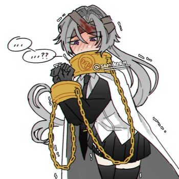 Rule 34 | ..., ...?, 1boy, bandaged head, bandages, black gloves, black necktie, black skirt, black sleeves, black thighhighs, blood, bloody bandages, chain, cloak, collar, collared shirt, cosplay, cuffs, gloves, grey hair, hashtag-only commentary, limbus company, long hair, lucio (project moon), necktie, project moon, purple eyes, samdaro11, shackles, shirt, simple background, skirt, solo, sora (project moon), sora (project moon) (cosplay), speech bubble, thighhighs, white background, white cloak, white shirt