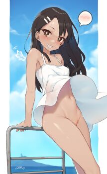 1girl absurdres against_railing bad_id bad_twitter_id bare_arms bare_shoulders black_hair blue_sky blush bottomless bright_pupils brown_eyes cloba cloud commentary day dress earclip extended_upskirt fang female_focus grin groin hair_ornament hairclip highres ijiranaide_nagatoro-san inactive_account long_hair looking_at_viewer nagatoro_hayase navel no_panties outdoors railing raised_eyebrow see-through_clothes signature sky smile solo spoken_blush stomach sundress teeth upskirt white_dress wind wind_lift