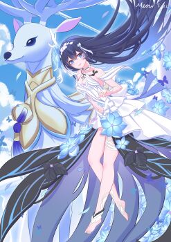 1girl absurdres artist_name barefoot blue_eyes blue_hair blue_sky breasts chinese_commentary clothing_cutout commentary_request dated deer diana_(honkai_impact) dress feet highres honkai_(series) honkai_impact_3rd long_hair looking_at_viewer meow_maolai navel seele_vollerei seele_vollerei_(herrscher_of_rebirth) sky small_breasts smile stomach_cutout toes very_long_hair white_dress