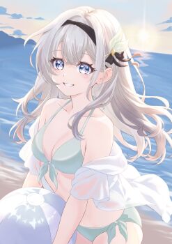 1girl absurdres alternate_costume ball beachball bikini black_hairband blush breasts collarbone commentary_request firefly_(honkai:_star_rail) front-tie_bikini_top front-tie_top green_bikini grey_hair hair_between_eyes hair_intakes hair_ornament hairband highres holding holding_ball holding_beachball honkai:_star_rail honkai_(series) long_hair medium_breasts ocean parted_lips pink_eyes reachizu revision see-through_clothes side-tie_bikini_bottom smile solo sunset swimsuit