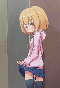 1girl after_vaginal aftersex blonde_hair blue_skirt blush brown_eyes clothes_lift cum cum_in_pussy cum_leaking_out_of_pussy cumdrip door female_focus flashing from_behind highres hood hoodie lifting_own_clothes loli looking_at_viewer looking_back no_panties original pink_hoodie qswan short_hair skirt skirt_lift smile solo standing thighhighs