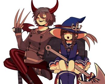 Rule 34 | 2girls, anchor, anchor hat ornament, back bow, bench, blue boots, blue hat, blue sailor collar, blue shirt, blue skirt, blush stickers, boots, bow, brown gloves, brown hair, brown jacket, brown sailor collar, buttons, claws, closed eyes, colored skin, commentary, demon girl, demon horns, demon wings, english commentary, frilled skirt, frills, funamusea, gloves, hat, hat bow, hat ornament, horns, jacket, multicolored bow, multiple girls, oounabara to wadanohara, open mouth, pointy ears, pruu, red boots, red horns, red wings, sailor collar, shirt, short hair, simple background, sitting, skirt, small sweatdrop, smile, striped clothes, striped thighhighs, teeth, thighhighs, tomboy, turtleneck, upper teeth only, ver million (funamusea), wadanohara, white background, white skin, wings, witch hat