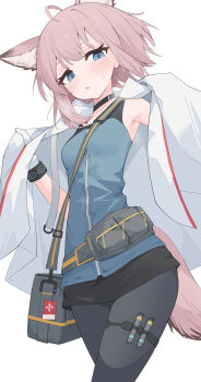 1girl absurdres animal_ears arknights black_choker black_pants blue_eyes blue_shirt breasts choker commentary_request highres jacket looking_at_viewer open_clothes open_jacket pants pink_hair shirt short_hair simple_background small_breasts solo sussurro_(arknights) tail white_background white_jacket yuuko_(oruta)