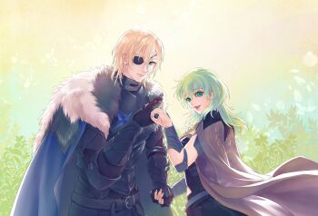 Rule 34 | 1boy, 1girl, :d, armor, black armor, black fur, blonde hair, blue cape, blue eyes, breasts, cape, closed mouth, comustdream, couple, dimitri alexandre blaiddyd, dimitri alexandre blaiddyd (timeskip), eyepatch, female byleth (awakened) (fire emblem), female byleth (fire emblem), fire emblem, fire emblem: three houses, fur-trimmed cape, fur trim, gauntlets, green eyes, green hair, hair between eyes, hetero, highres, holding hands, looking at viewer, medium hair, nintendo, official alternate eye color, official alternate hair color, one eye covered, open mouth, smile, standing, white fur