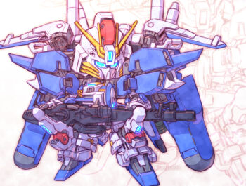 beam_rifle blue_eyes chibi commentary_request energy_gun ex-s_gundam full_body gundam gundam_sentinel long_hair looking_at_viewer mecha mobile_suit no_humans robot sd_gundam solo susagane v-fin weapon