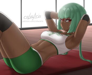 1girl armpits arms_behind_head bra breasts cslucaris dark-skinned_female dark_skin emerald_sustrai exercising glasses green_hair green_shorts indoors looking_at_viewer midriff navel over-rim_eyewear red-framed_eyewear red_eyes rwby semi-rimless_eyewear short_hair_with_long_locks short_shorts shorts sideboob signature small_breasts solo sports_bra stomach sweat nervous_sweating twintails underwear watermark web_address white_bra
