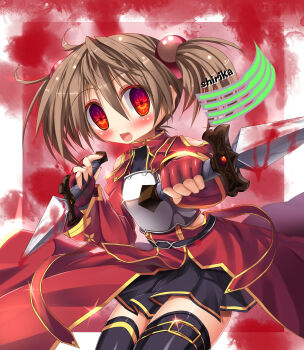 10s 1girl :d armor bad_id bad_pixiv_id black_thighhighs blood breastplate character_name dagger dual_wielding english_text engrish_text female_focus fingernails health_bar highres holding knife nagai_wataru nail_polish open_mouth ranguage reverse_grip sharp_nails short_hair silica skirt smile solo sword_art_online thighhighs weapon