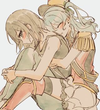 2girls bang_dream! bang_dream!_girls_band_party! black_hair black_tank_top black_thighhighs blue_eyes blue_hair blush boots epaulettes grey_background hat hickey highres hug hug_from_behind matsubara_kanon multiple_girls okusawa_misaki one_side_up open_mouth opi red_boots simple_background sweat tank_top thigh_boots thighhighs yuri