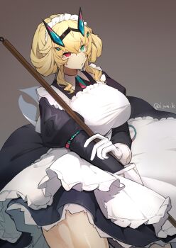 1girl absurdres apron barghest_(fate) barghest_(swimsuit_archer)_(second_ascension)_(fate) black_dress blonde_hair breasts broom chestnut_mouth clothes_lift cowboy_shot dress dress_lift fate/grand_order fate_(series) gloves green_eyes grey_background heterochromia highres holding holding_broom juliet_sleeves large_breasts long_sleeves maid maid_apron maid_headdress pluto11sco puffy_sleeves red_eyes signature thighs twitter_username white_apron white_gloves wind wind_lift