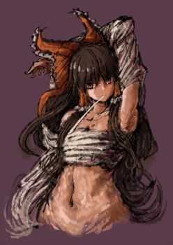 1girl 2b-ge armpits black_hair bow brown_eyes chest_sarashi chinese_commentary detached_sleeves frilled_bow frilled_hair_tubes frills hair_bow hair_tubes hakurei_reimu highres long_hair midriff one-hour_drawing_challenge purple_background red_bow sarashi sidelocks touhou