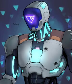 commentary dog_tags english_commentary glowing highres humanoid_robot jewelry kay/o_(valorant) looking_at_viewer necklace robot science_fiction screen skylinerpl upper_body uwu valorant