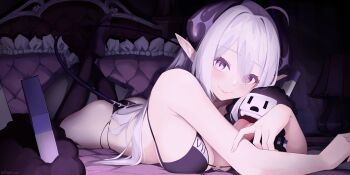 1girl absurdres ahoge ass bikini black_bikini black_horns black_thighhighs breasts closed_mouth copyright_notice grey_eyes heterochromia highres holding horns incredibly_absurdres indie_virtual_youtuber long_hair lying o-ring o-ring_bikini on_stomach peesh_san pillow pointy_ears prot0type7 red_eyes roman_numeral smile swimsuit tail the_pose thighhighs virtual_youtuber