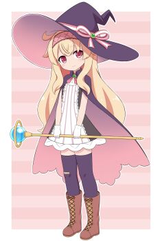 1girl ami_(ammy33) bandaid bandaid_on_knee bandaid_on_leg blonde_hair boots child cloak dress female_focus gloves hairband hat holding holding_staff little_witch_nobeta long_hair looking_at_viewer nobeta pink_background red_eyes sleeveless sleeveless_dress smile solo staff standing striped_background thighhighs white_gloves witch_hat