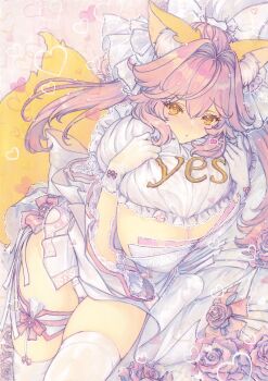 1girl animal_ears blush breasts bride chikinan_tarou dress fate/grand_order fate_(series) flower fox_ears gloves heart heart-shaped_pupils highres large_breasts long_hair looking_at_viewer lying on_side orange_eyes painting_(medium) panties pink_hair rose solo symbol-shaped_pupils tamamo_(fate) tamamo_no_mae_(fate) thighhighs traditional_media underwear watercolor_(medium) white_panties yes-no_pillow