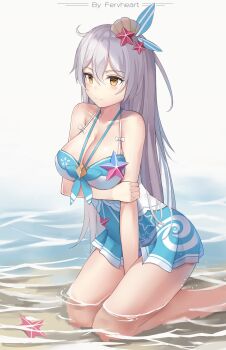 1girl ahoge arm_under_breasts artist_name bare_shoulders blue_dress breasts cleavage commentary_request dress fervheart hair_ornament highres honkai_(series) honkai_impact_3rd kiana_kaslana kiana_kaslana_(herrscher_of_the_void) kiana_kaslana_(parasol_kaiserin) long_hair ocean official_alternate_costume seiza sitting solo starfish starfish_hair_ornament thighs very_long_hair white_hair yellow_eyes
