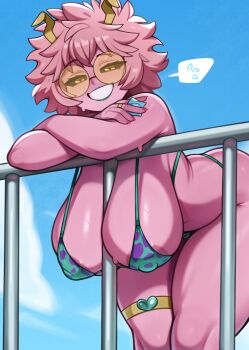 1girl absurdres animal_print antennae areola_slip ashido_mina bikini blue_sky boku_no_hero_academia breasts clenched_teeth cloud colored_skin commentary condom condom_wrapper day english_commentary green_bikini hanging_breasts highres large_breasts leopard_print looking_at_viewer melonpuff outdoors pink_hair pink_skin round_eyewear sky solo sunglasses swimsuit teeth thigh_strap tinted_eyewear yellow-tinted_eyewear yellow_eyes