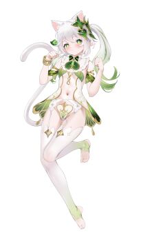 1girl absurdres adapted_costume animal_ears cat_ears cat_tail cross-shaped_pupils full_body garter_straps genshin_impact gradient_hair green_eyes green_hair grey_hair hair_ornament hands_up highres janload1ng long_hair multicolored_hair nahida_(genshin_impact) navel no_shoes parted_lips pointy_ears side_ponytail simple_background solo stirrup_legwear stomach symbol-shaped_pupils tail thighhighs toeless_legwear white_background white_garter_straps white_thighhighs