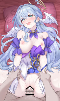 Rule 34 | 1boy, 1girl, absurdres, afterglow, armpit crease, bar censor, bed, blush, breasts, censored, clothed female nude male, clothed sex, clothes lift, clothes pull, collar, commentary, cum, cum in pussy, cum overflow, daram (shappydude), detached collar, dress, dress lift, dress pull, earrings, from above, gloves, green eyes, halo, happy sex, head wings, hetero, highres, holding another's wrist, honkai: star rail, honkai (series), jewel under eye, jewelry, large breasts, large variant set, long hair, looking at viewer, lying, missionary, nipples, no panties, nude, on back, on bed, open mouth, penis, pillow, pov, purple collar, purple hair, pussy, robin (honkai: star rail), sex, smile, spread legs, sweat, thighs, tongue, vaginal, variant set, very long hair, white dress, white gloves, wings