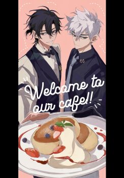 2boys absurdres alternate_costume antenna_hair arm_strap black_bow black_bowtie black_eyes black_gloves black_hair black_pants black_shirt black_vest blue_eyes border bow bowtie cheng_xiaoshi closed_mouth collared_shirt commentary_request cowboy_shot english_text food foooo_goo formal_clothes fruit gloves grey_hair grey_necktie hair_between_eyes highres holding holding_plate long_sleeves looking_at_viewer lu_guang male_focus multiple_boys necktie pancake pants parted_lips pillarboxed pink_background plate ponytail shiguang_dailiren shirt short_hair short_ponytail simple_background smile standing strawberry suit traditional_bowtie vest waiter white_hair white_shirt