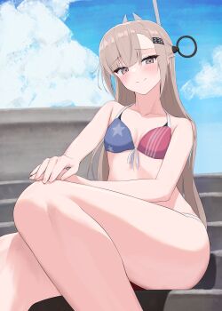 Rule 34 | 1girl, absurdres, alternate costume, american flag, american flag bikini, american flag print, bikini, blue sky, blunt bangs, breasts, brown eyes, brown hair, cleavage, cloud, day, feet out of frame, flag print, flag print bikini, front-tie bikini top, front-tie top, headgear, highres, kantai collection, l meet, long hair, outdoors, print bikini, sitting, sky, small breasts, smile, solo, swimsuit, wahoo (kancolle)