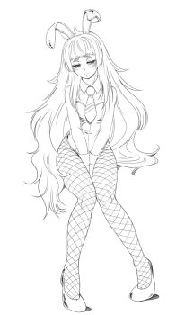 Rule 34 | 1girl, animal ears, bare shoulders, between legs, blunt bangs, blush, breasts, eibon, fake animal ears, fishnets, full body, hand between legs, hiyajou maho, leotard, long hair, looking at viewer, looking down, monochrome, narrowed eyes, necktie, playboy bunny, rabbit ears, science adventure, shoes, simple background, sitting, small breasts, solo, steins;gate, steins;gate 0, v arms, very long hair, white background