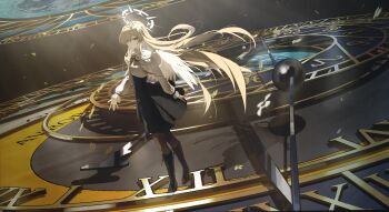 1girl absurdres alternate_costume black_boots black_pantyhose black_skirt blonde_hair blue_archive blush boots bow capelet clock closed_mouth flower grey_bow hair_between_eyes hair_flower hair_ornament halo high-waist_skirt highres hxbdzj knee_boots long_hair looking_at_viewer nagisa_(blue_archive) pantyhose shirt sidelocks skirt smile solo white_capelet white_flower white_halo white_shirt white_wings wings yellow_eyes