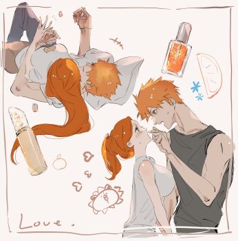 1boy 1girl black_pants black_shirt bleach blush breasts brown_eyes brown_skirt cosmetics couple cuddling food fruit hair_between_eyes hetero highres holding holding_brush inoue_orihime kurosaki_ichigo large_breasts lipstick long_hair looking_at_another lying makeup mozukurinn multiple_views nail_polish nail_polish_bottle nail_polish_brush on_back open_mouth orange_(fruit) orange_hair orange_nails orange_slice pants parted_bangs pillow ponytail shirt short_hair skirt sleeveless sleeveless_shirt sweatdrop upper_body white_background white_shirt