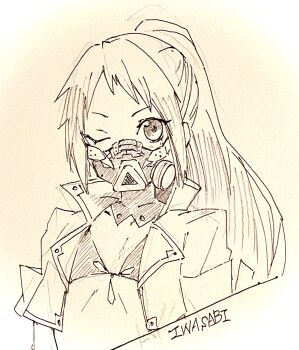 bikini black_bikini breasts code_vein cropped_jacket graphite_(medium) greyscale highres jacket long_hair looking_at_viewer mask monochrome murasame_rin_(code_vein) one_eye_closed open_clothes open_jacket ponytail respirator sidelocks sketch small_breasts studio_sugimoto swimsuit traditional_media