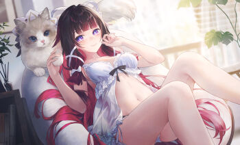 Rule 34 | 1girl, absurdres, alternate costume, black hair, blue eyes, blunt bangs, breasts, cat, chinese commentary, columbina (genshin impact), commentary request, genshin impact, hands up, highres, indoors, knees up, lingerie, long hair, looking at viewer, lying, multicolored hair, navel, on back, purple eyes, purple hair, sandrone (genshin impact), smile, stomach, swkl:d, thighs, two-tone hair, underwear, unusually open eyes, very long hair