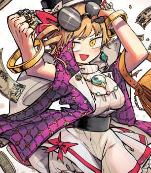 1girl :d absurdres banknote black_tank_top bracelet clenched_hand coat dollar_bill dress earrings highres jewelry money open_mouth pendant piaki purple_coat ring round_eyewear simple_background smile solo sunglasses tank_top touhou turtleneck turtleneck_dress white_background white_dress yellow_eyes yorigami_jo'on