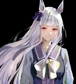 1girl absurdres animal_ears black_background blunt_bangs bow bowtie breasts closed_mouth ear_bow ear_ribbon gold_ship_(umamusume) grey_hair highres horse_ears horse_girl long_hair long_sleeves looking_at_viewer no_headwear purple_bow purple_eyes purple_sailor_collar purple_serafuku purple_shirt sailor_collar sailor_shirt school_uniform serafuku shirt simple_background smile solo tracen_school_uniform umamusume upper_body white_bow white_bowtie yoojp