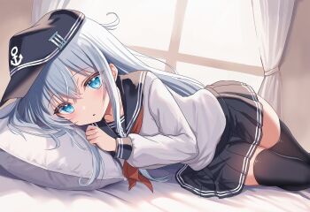 1girl ahoge anchor_print black_socks blue_sailor_collar blue_skirt comiket_107 curtains grey_hair hat hibiki_(kancolle) highres indoors kantai_collection kneehighs long_hair looking_at_viewer lying military_hat miniskirt motohara_moka neckerchief on_bed on_side open_mouth peaked_cap pleated_skirt red_neckerchief sailor_collar school_uniform serafuku skirt socks solo thighhighs white_serafuku window zettai_ryouiki