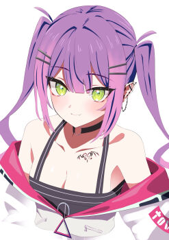1girl absurdres black_choker black_shirt blush choker closed_mouth collarbone commentary_request cropped_jacket ear_piercing fang green_eyes heart heart_tattoo highres hololive jacket long_hair multicolored_hair o-ring o-ring_choker piercing pointy_ears shirt smile solo streaked_hair tattoo tokoyami_towa tokoyami_towa_(1st_costume) twintails uw_chanmaru very_long_hair virtual_youtuber white_jacket