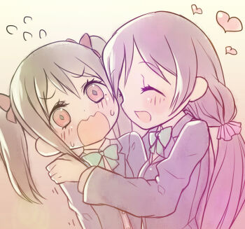 10s 2girls blazer flying_sweatdrops heart hug jacket love_live! love_live!_school_idol_project multiple_girls open_mouth school_uniform symbol-shaped_pupils tank_(artist) tojo_nozomi trembling yazawa_nico