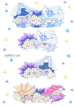 Rule 34 | 2boys, 3girls, absurdres, apple magician girl, blonde hair, chibi, closed eyes, commentary request, duel monster, fake horns, green eyes, grey hair, hair over one eye, hat, helmet, highres, horned helmet, horns, lemon magician girl, mi manu1950, multicolored hair, multiple boys, multiple girls, multiple views, muto yugi, open mouth, purple eyes, purple hair, red hat, silent magician, silent swordsman, simple background, smile, white background, white hat, wizard hat, yellow hat, yu-gi-oh!, yu-gi-oh! the dark side of dimensions