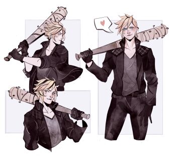 Rule 34 | 1boy, absurdres, aqua eyes, baseball bat, biker clothes, black gloves, black jacket, black pants, blonde hair, border, closed mouth, cloud strife, cowboy shot, cropped legs, cropped torso, final fantasy, final fantasy vii, final fantasy vii g-bike, final fantasy vii remake, gloves, grey background, grey shirt, hair between eyes, heart, highres, holding, holding baseball bat, jacket, leather, leather jacket, light blush, male focus, multiple views, nail (hardware), nail bat, official alternate costume, over shoulder, pants, robasarel, shirt, short hair, smile, solo, spoken heart, swinging baseball bat, upper body, weapon, weapon over shoulder, white border