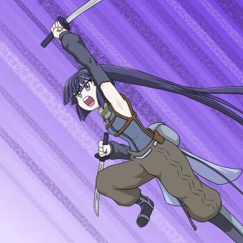 Rule 34 | 10s, akatsuki (log horizon), angry, armpits, baggy pants, blue eyes, blue hair, detached sleeves, dodo (yad-ddi), dual wielding, high boots, highres, holding, holding weapon, jumping, katana, log horizon, long hair, pants, ponytail, shouting, extendable limbs, sword, weapon