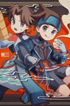 2boys black_jacket black_shorts blue_headband brothers brown_eyes brown_hair coat food full_body headband highres hub_hikari_(mega_man) jacket lan_hikari_(mega_man) m0gaku male_focus mega_man_(series) mega_man_battle_network_(series) missing_commentary multiple_boys red_background red_shirt shirt shorts siblings steamed_bun tongue tongue_out twins watermark white_coat