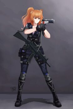 1girl absurdres aiming animal_ear_fluff animal_ears armored_boots belt belt_pouch black_gloves blue_jacket blue_pants boots breasts brown_eyes brown_hair collarbone commentary commission english_commentary expressionless gloves grey_armor grey_background grey_belt gun handgun highres holding holding_gun holding_weapon inktober jacket knee_boots multiple_belts original pants papercroft partially_open_jacket ponytail pouch raccoon_ears raccoon_girl shirt signature sleeves_rolled_up small_breasts solo standing v-shaped_eyebrows weapon weapon_request white_shirt