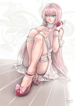 1girl ankle_garter blue_eyes breasts cleavage dress female_focus flower gloves kanran_demel long_hair megurine_luka pink_hair rose sitting solo vocaloid white_gloves