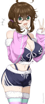 Rule 34 | ahoge, black shorts, black tank top, blush, braid, breasts, brown hair, chamumi (mochiumee), cleavage, female admiral (kancolle), folded ponytail, green eyes, highres, jacket, kantai collection, large breasts, looking at viewer, midriff, mole, mole on breast, off shoulder, open mouth, pink jacket, pink nails, shorts, striped clothes, striped thighhighs, tank top, thighhighs, v