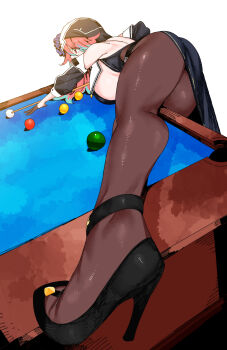 1girl 2025 ass billiards black_dress black_gloves black_shoes blue_hair bodystocking breast_curtains breasts cleavage commentary cross cue_stick detached_sleeves dress female_focus flower foreshortening gloves hair_between_eyes hair_flower hair_ornament half_gloves hand_on_own_cheek hand_on_own_face hashtag-only_commentary high_heels highres indie_virtual_youtuber kkangmuu leg_up long_hair multicolored_hair nun off_shoulder pelvic_curtain pink_hair pool_table purple_flower purple_rose red_eyes reference_work rose rosetta_(vtuber) see-through_cleavage see-through_clothes shoes side_slit sideboob solo strappy_heels streaked_hair table taut_bodystocking thighhighs virtual_youtuber