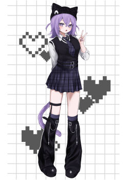 1girl absurdres alternate_costume animal_ears arm_behind_back beanie belt black_belt black_hat black_leg_warmers black_shirt black_shoes black_skirt cat_ears cat_tail collared_shirt commentary_request copyright_request crossed_bangs double-parted_bangs full_body garter_straps grey_necktie grey_skirt grid_background hat hat_with_ears heart high-waist_skirt highres hololive leg_warmers looking_at_viewer medium_hair nail_polish necktie nekomata_okayu open_mouth plaid_clothes plaid_necktie plaid_skirt pleated_skirt purple_eyes purple_hair purple_nails shirakabamoga shirt shirt_tucked_in shoes single_garter_strap skirt sleeves_rolled_up smile socks solo sweater_vest tail thigh_strap two-tone_shirt two_side_up v virtual_youtuber white_background white_shirt