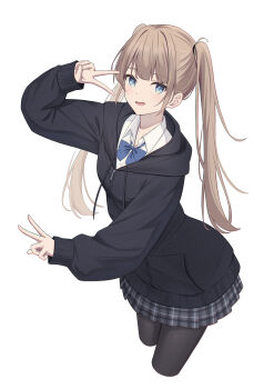 1girl absurdres black_hoodie black_pantyhose blue_bow blue_eyes blush bow brown_hair collared_shirt cowboy_shot double_v grey_skirt highres hood hoodie long_hair looking_at_viewer open_mouth original pantyhose plaid_clothes plaid_skirt pleated_skirt school_uniform senri_(senri_sen) shirt simple_background skirt solo twintails v white_background white_shirt