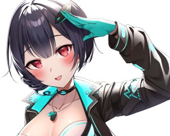 1girl arm_up black_choker black_hair black_jacket blue_gloves blush breasts character_request choker commentary_request copyright_request dog_tags double-parted_bangs gawawawa gloves highres jacket large_breasts long_sleeves looking_at_viewer open_mouth red_eyes salute short_hair simple_background smile solo upper_body white_background