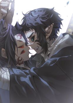 2boys angry black_hair black_sclera colored_sclera extra_eyes eye_contact fingernails from_side green_eyes japanese_clothes kaigaku kimetsu_no_yaiba kokushibou long_sleeves looking_at_another male_focus multiple_boys parted_lips pointy_ears profile red_eyes red_sclera sal_gun sharp_fingernails short_hair tattoo teeth upper_body