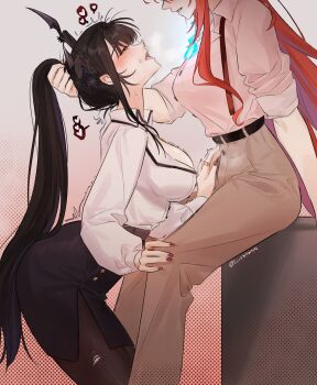 2girls absurdres black_hair black_horns black_pantyhose black_skirt blue_fire blue_hair blush breasts cleavage commentary cowboy_shot elisbian elizabeth_rose_bloodflame english_commentary eyes_out_of_frame fire grabbing_another&#039;s_hair head_back head_out_of_frame highres holding_another&#039;s_hair hololive hololive_english horns large_breasts motion_blur multicolored_hair multiple_girls nerissa_ravencroft nerissa_ravencroft_(casual) open_mouth pantyhose red_hair rolling_eyes shirt sitting skirt solo_focus tongue tongue_out trembling two-tone_hair virtual_youtuber white_shirt yuri