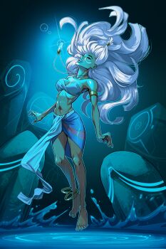 1girl anklet armlet atlantis:_the_lost_empire barefoot breasts closed_eyes dark-skinned_female dark_skin garth_graham gold_armlet highres jewelry kidagakash long_hair medium_breasts navel necklace solo white_hair